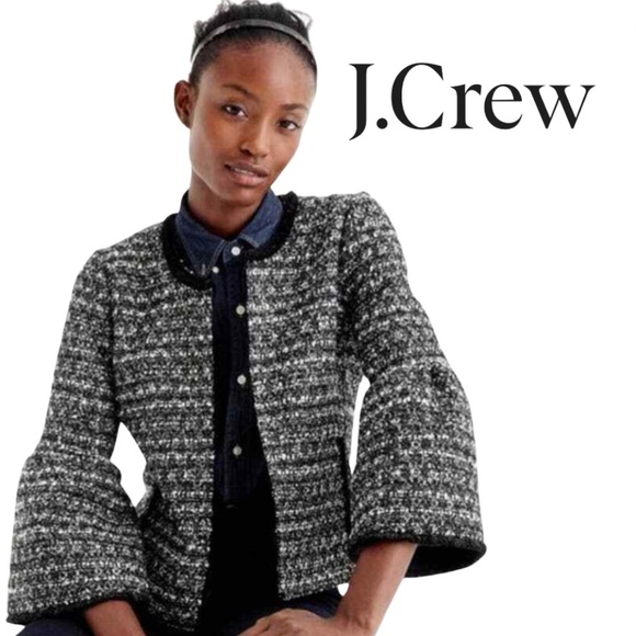 J. CREW Tweed Sequin Black Jacket Statement Bell Sleeves Blazer - Size 00 - Picture 1 of 13